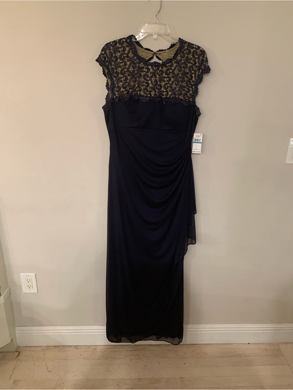 Alex Evenings Navy Lace Upper Maxi Gown cut trim back chic NWT 16 retail $189